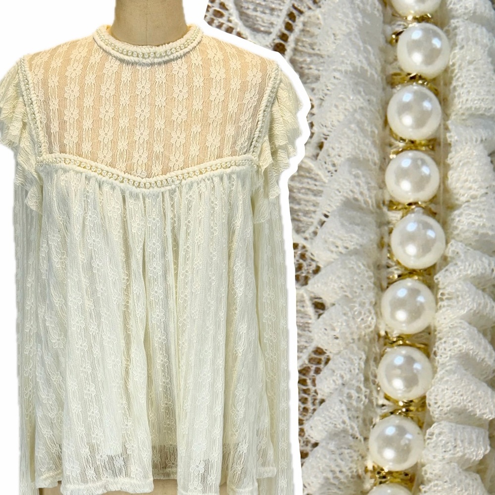 Lace pearl ruffle romantic Victorian long sleeve babydoll top flowy airy Easel